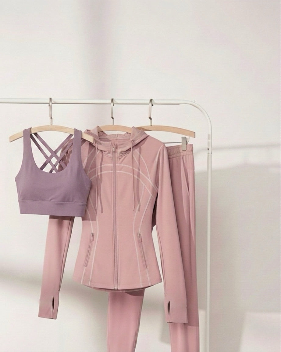 [3-Pcs: Signature 3-in-1 Active Set] ÉLAN Petal Sports Bra + Sports Jacket + Sports Pants