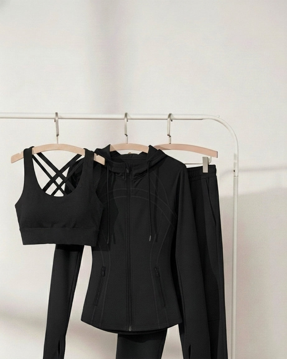 [3-Pcs: Signature 3-in-1 Active Set] ÉLAN Midnight Sports Bra + Sports Jacket + Sports Pants