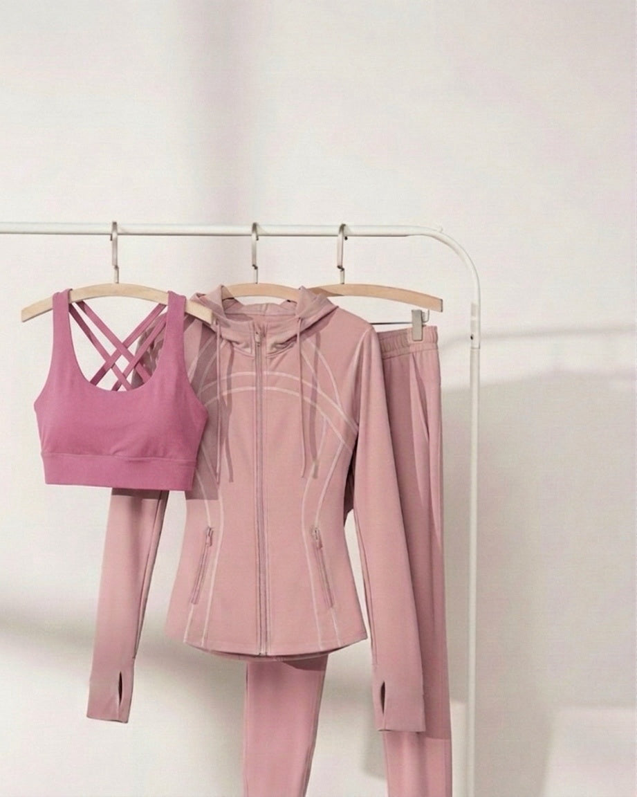[3-Pcs: Signature 3-in-1 Active Set] ÉLAN Petal Sports Bra + Sports Jacket + Sports Pants